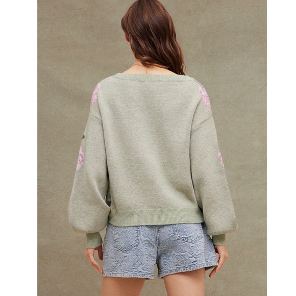 Floral Print Green Knit Round Neck Long Sleeve Pullover Sweater - Picture 5 of 6